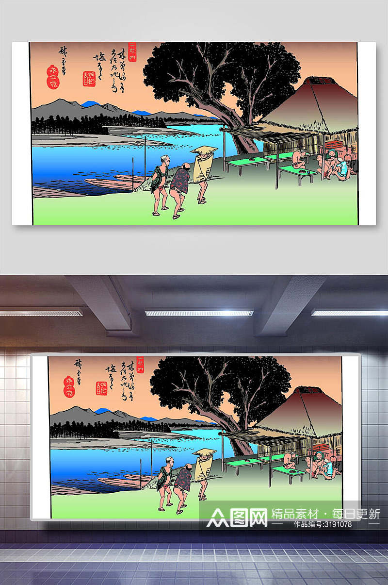 日式闲聊浮世绘风景插画素材素材
