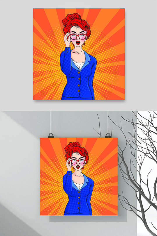 蓝橙清新波普风格人物插画矢量素材