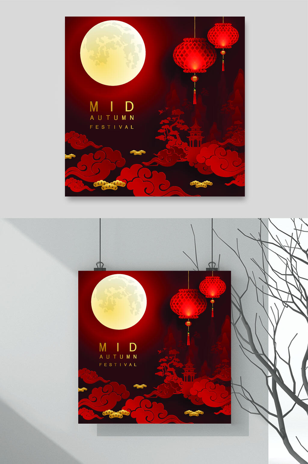 典雅红色祥云灯笼中秋月饼矢量素材素材