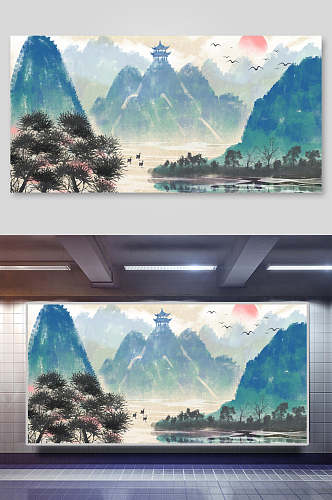 山中国画水墨意境丹青背景展板