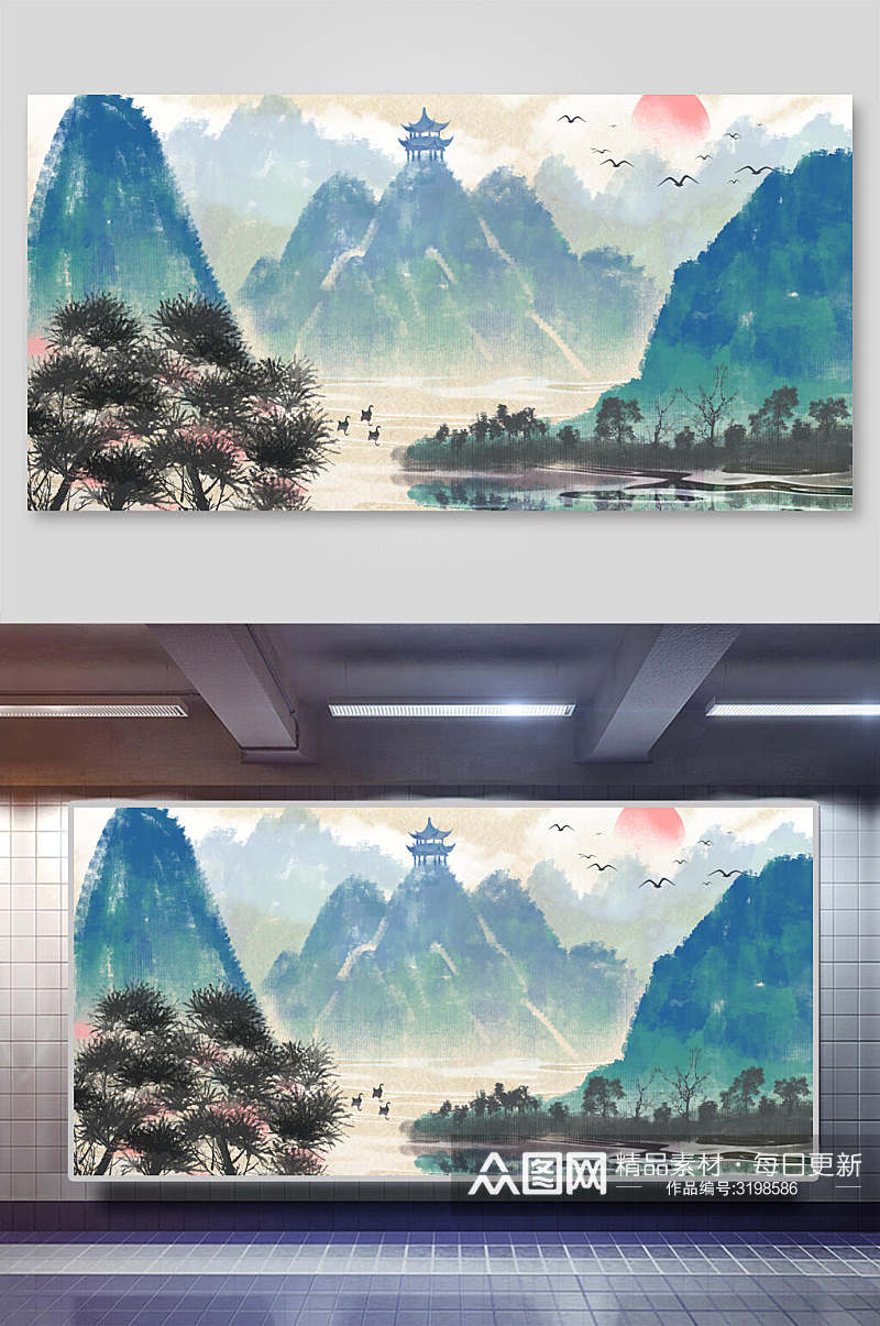 山中国画水墨意境丹青背景展板素材