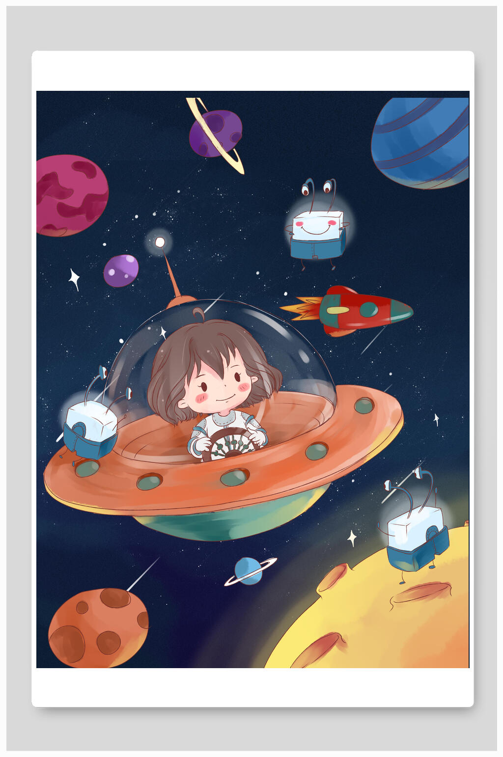 女孩遨游太空星际太空宇航员插画素材