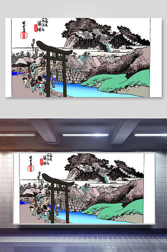 日式集市浮世绘风景插画素材
