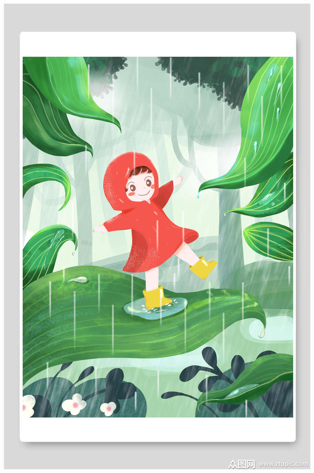 红色雨衣女孩清新谷雨手绘插画素材
