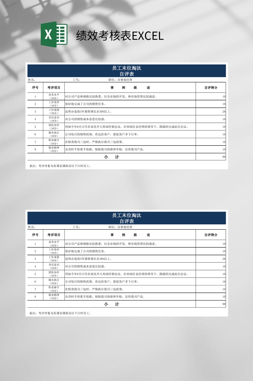 员工末位淘汰绩效考核表EXCEL素材