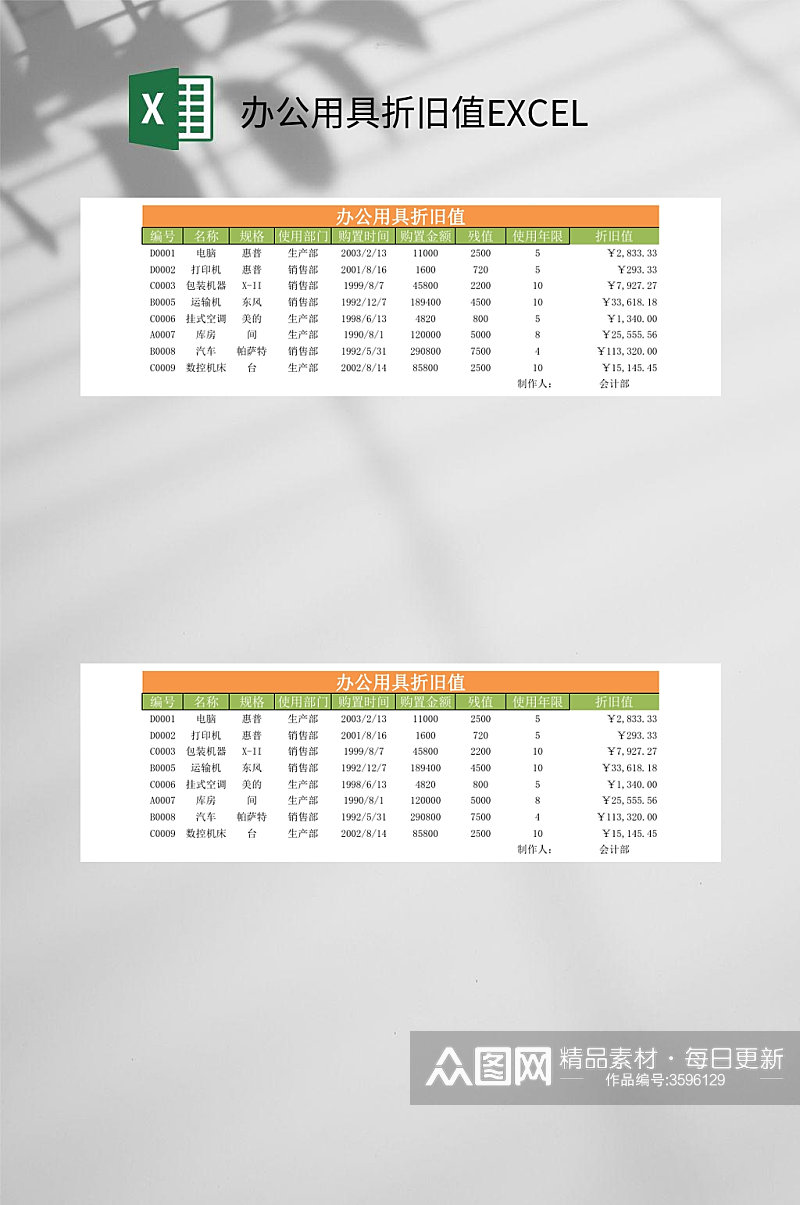 公司办公用具折旧值EXCEL素材