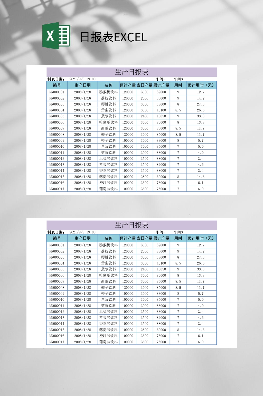 生产日报表excel素材