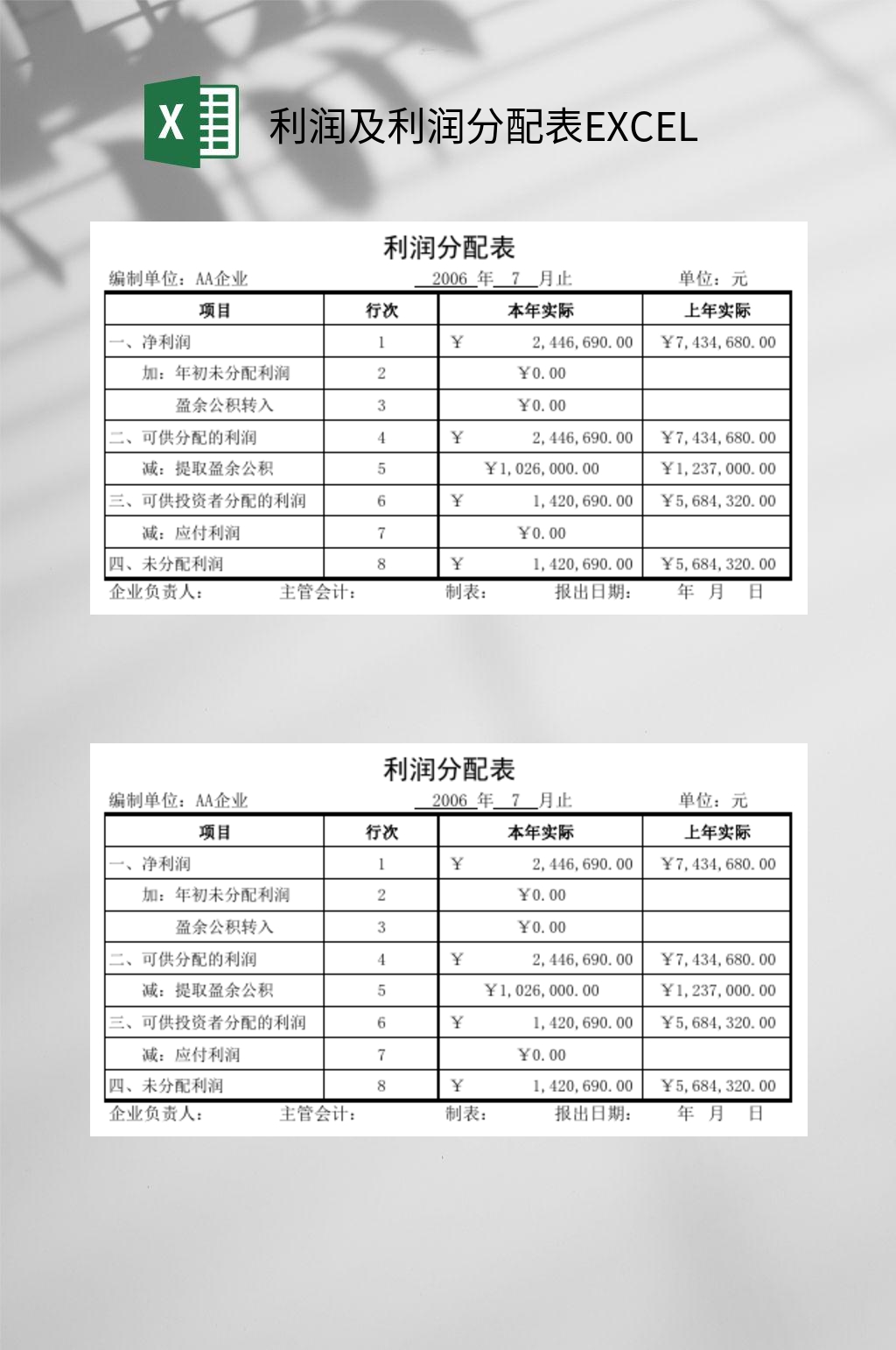 利润及利润分配表EXCEL素材