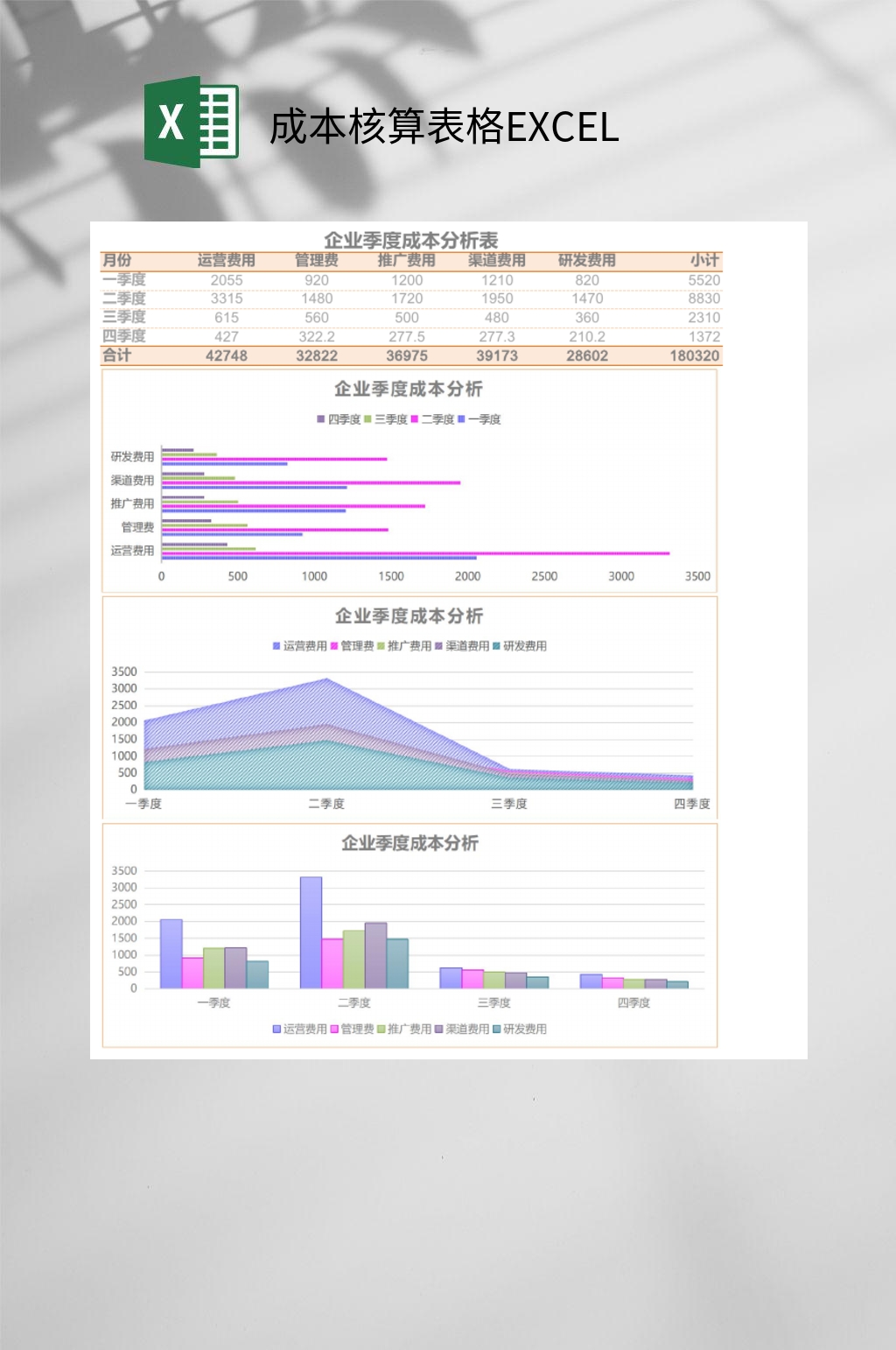 多彩企业季度成本核算表格EXCEL素材