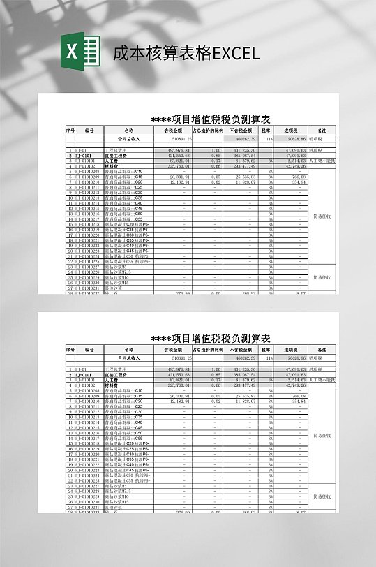 项目增值成本核算表格EXCEL