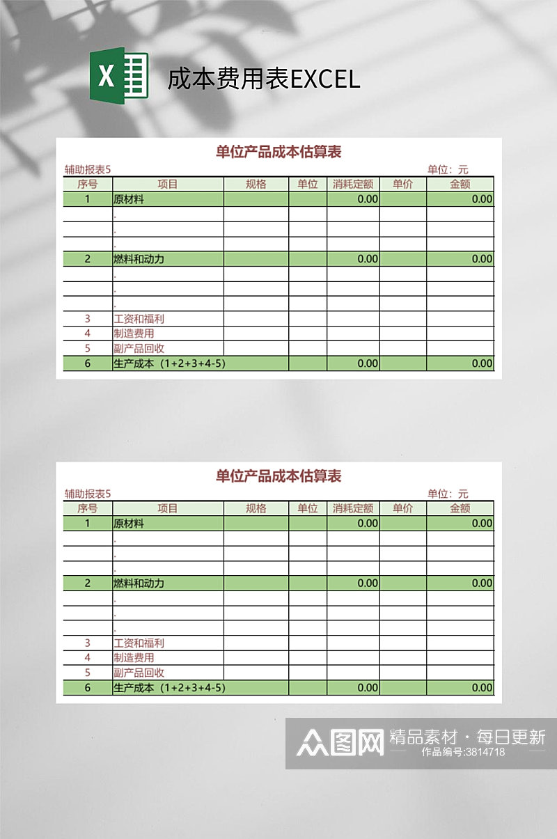 单位产品成本费用表EXCEL素材