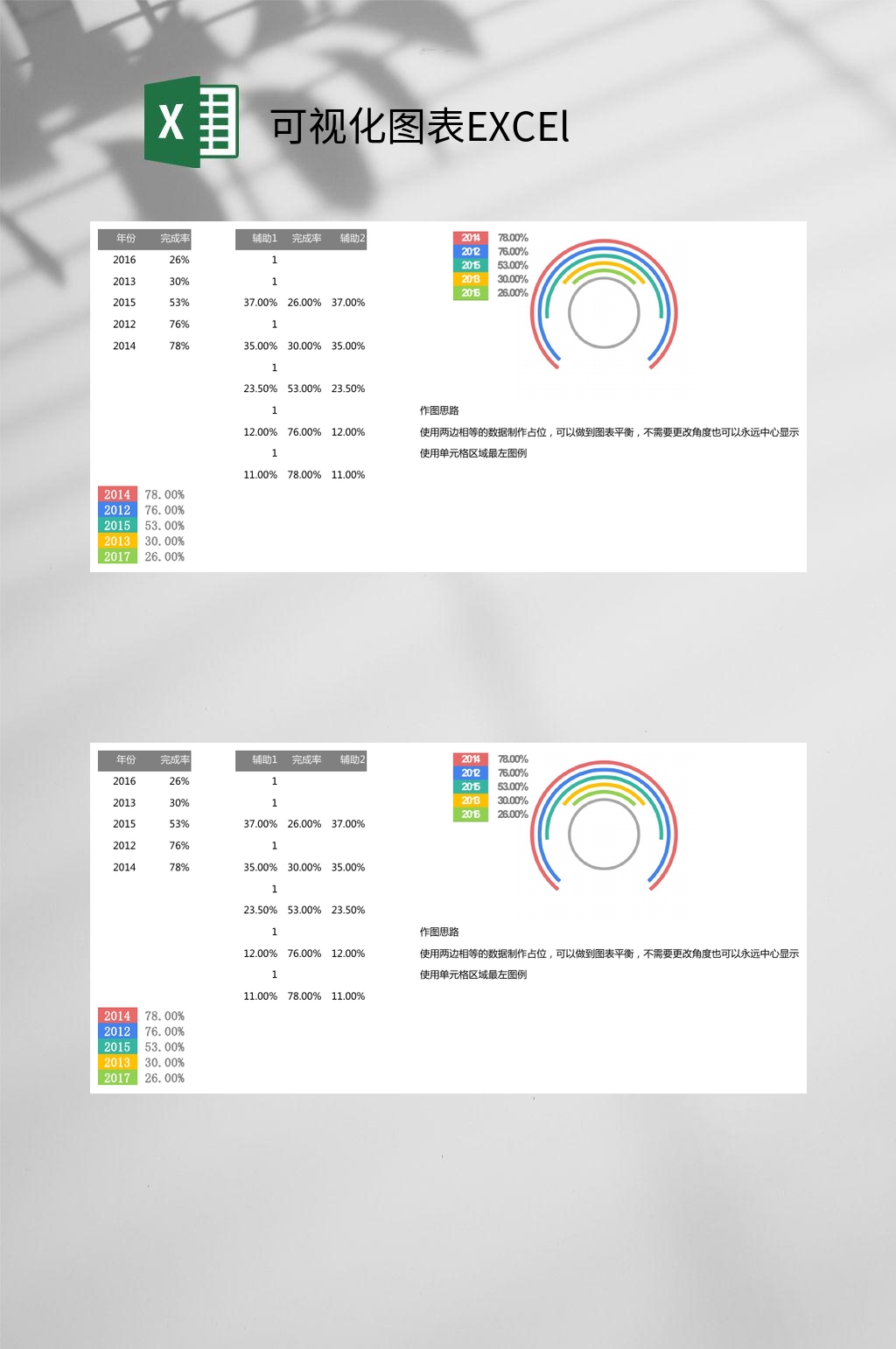 彩色圆形完成率可视化图表EXCEl素材