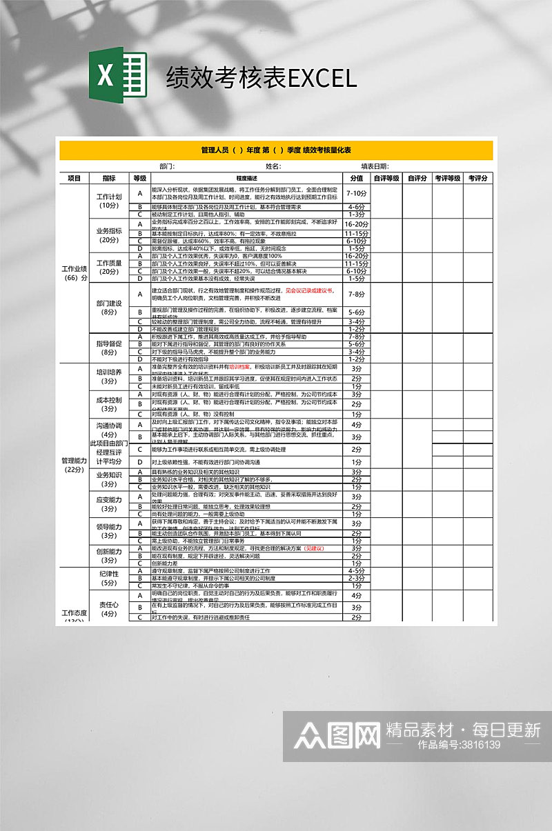 管理人员绩效考核表EXCEL素材