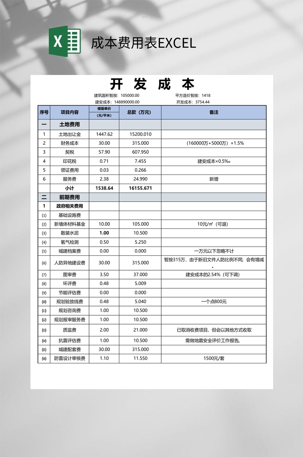 开发成本费用表EXCEL素材
