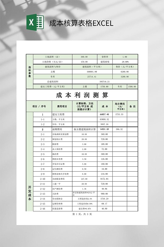 绿色成本利润测算成本核算表格EXCEL-众图网