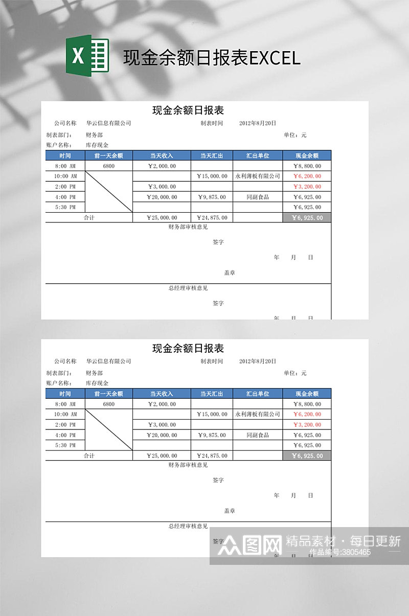 现金余额日报表EXCEL素材