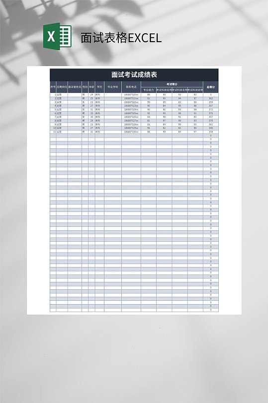 面试考试成绩表格EXCEL