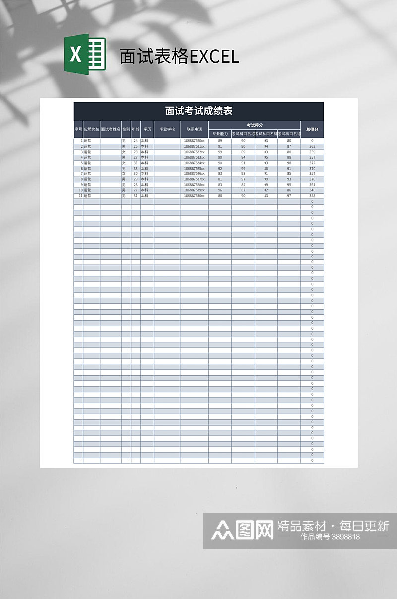 面试考试成绩表格EXCEL素材