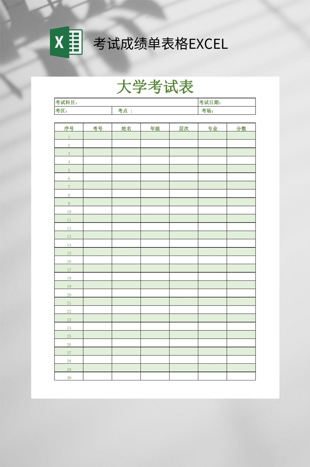 大学考试成绩单表格EXCEL素材