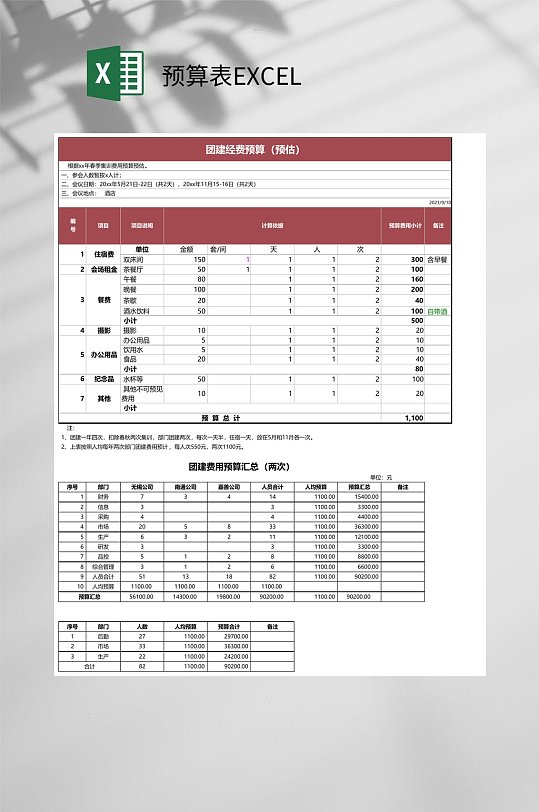 团建经费预算表excel