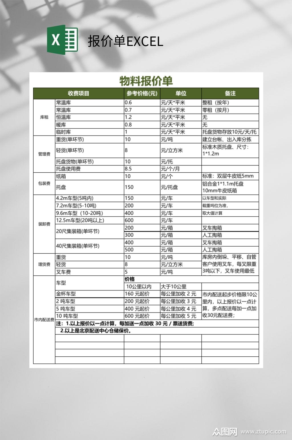 物料报价单excel