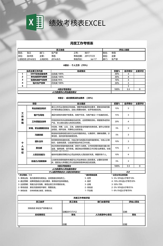 月度工作绩效考核表EXCEL