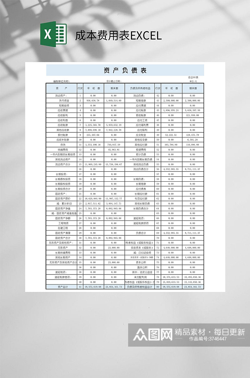 资产负债成本费用表EXCEL素材