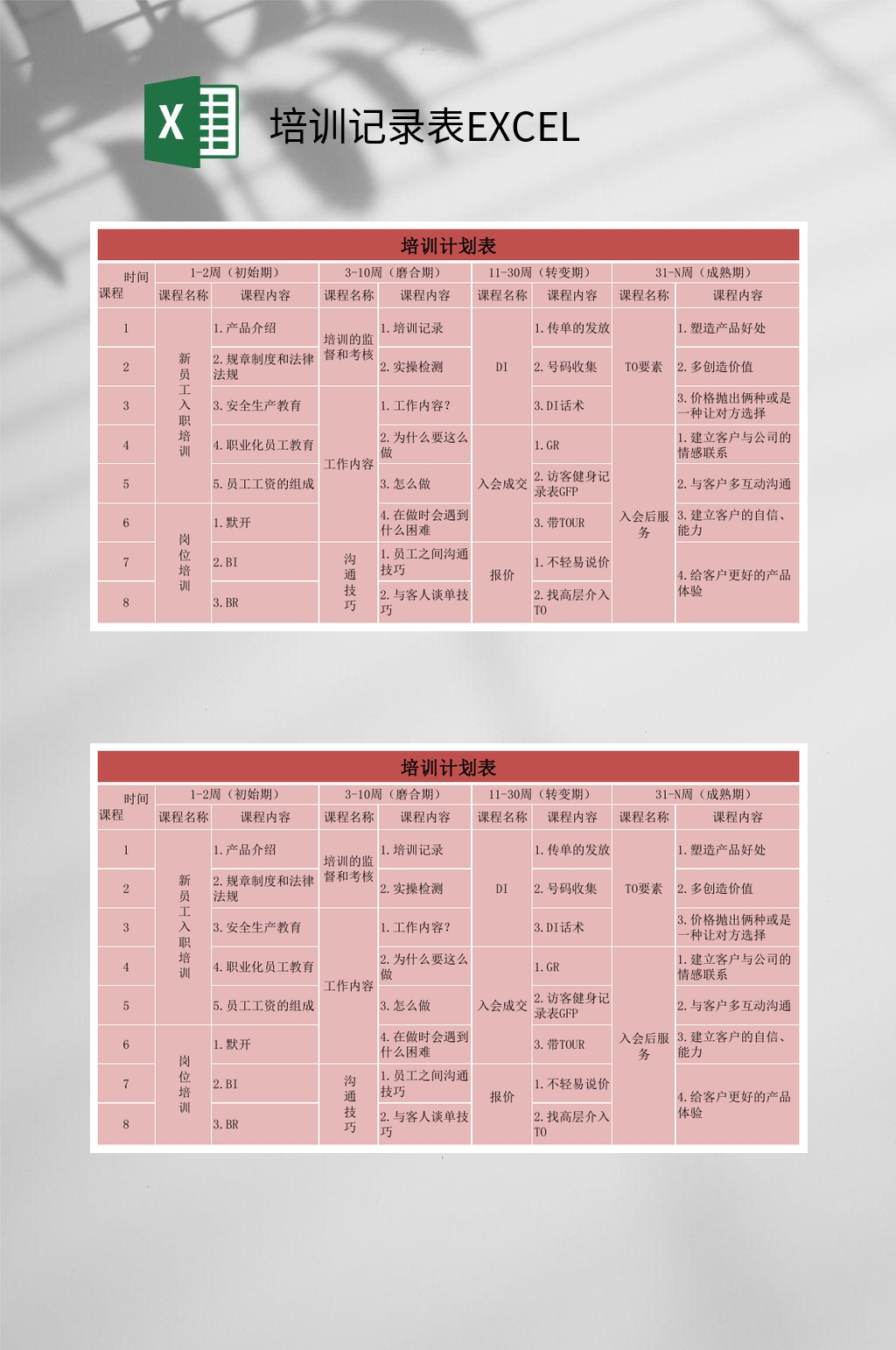 开始培训记录表EXCEL素材