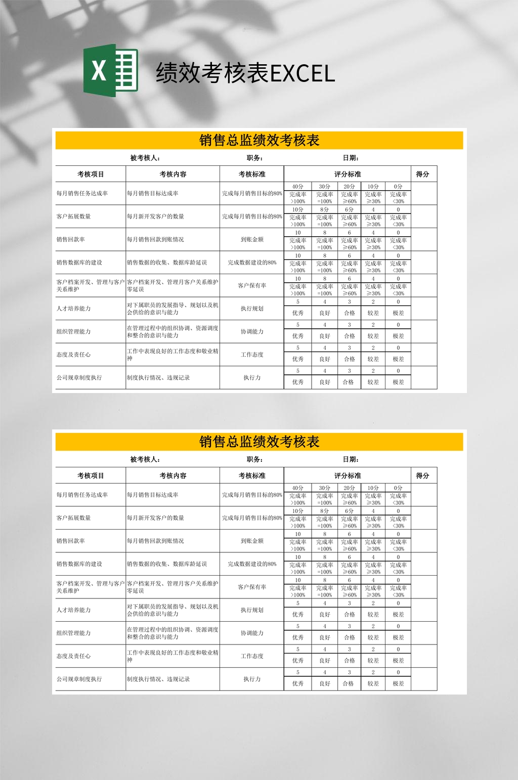 销售总监绩效考核表EXCEL素材