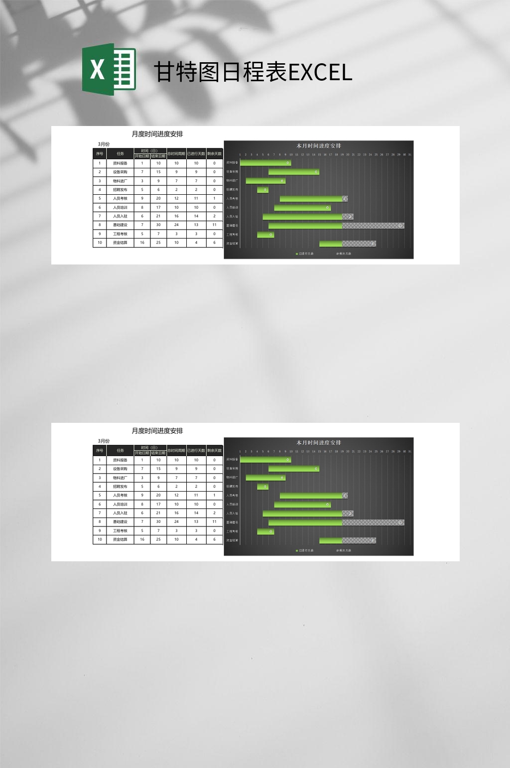 黑绿色甘特图日程表EXCEL素材