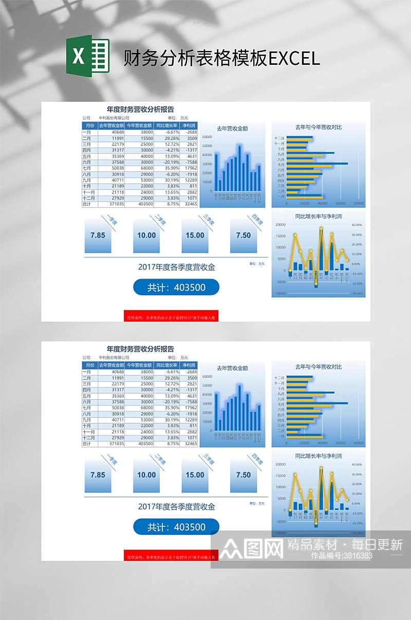 蓝色折线财务分析表格模板EXCEL素材