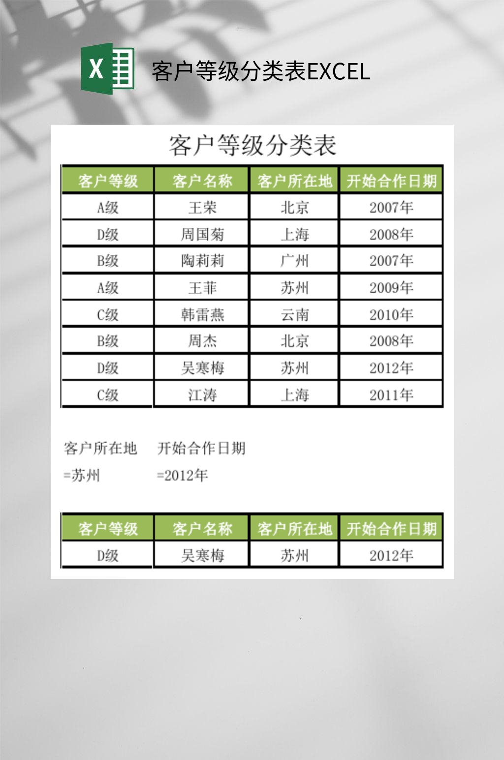客户等级分类表EXCEL素材