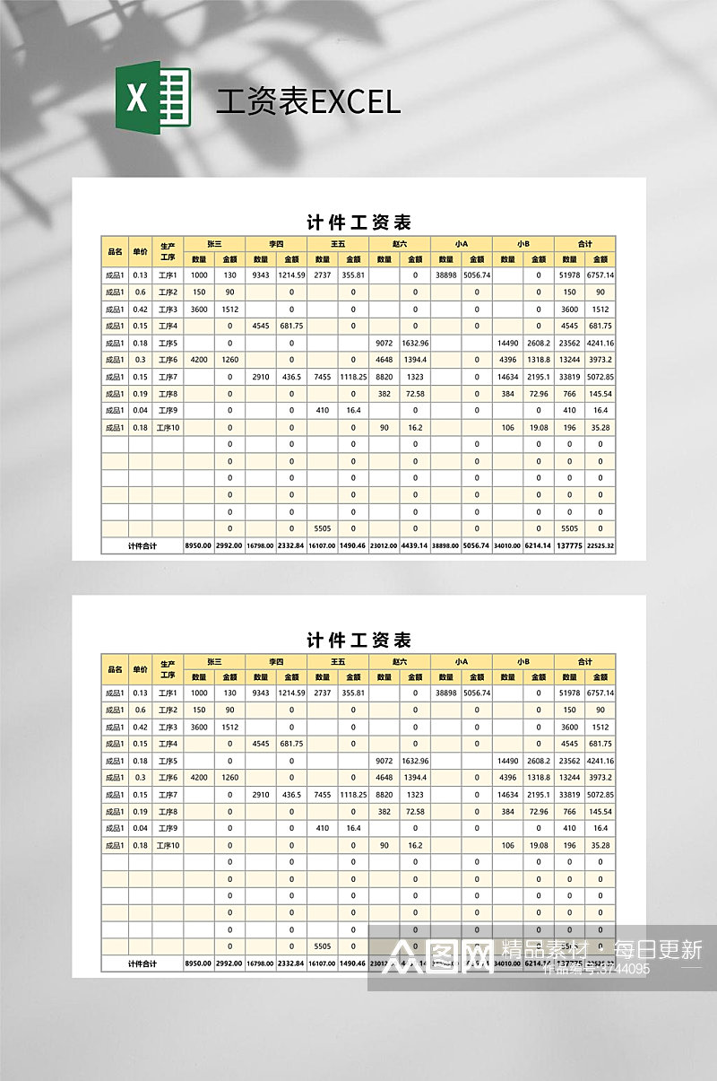 简约黄色计件工资表EXCEL素材