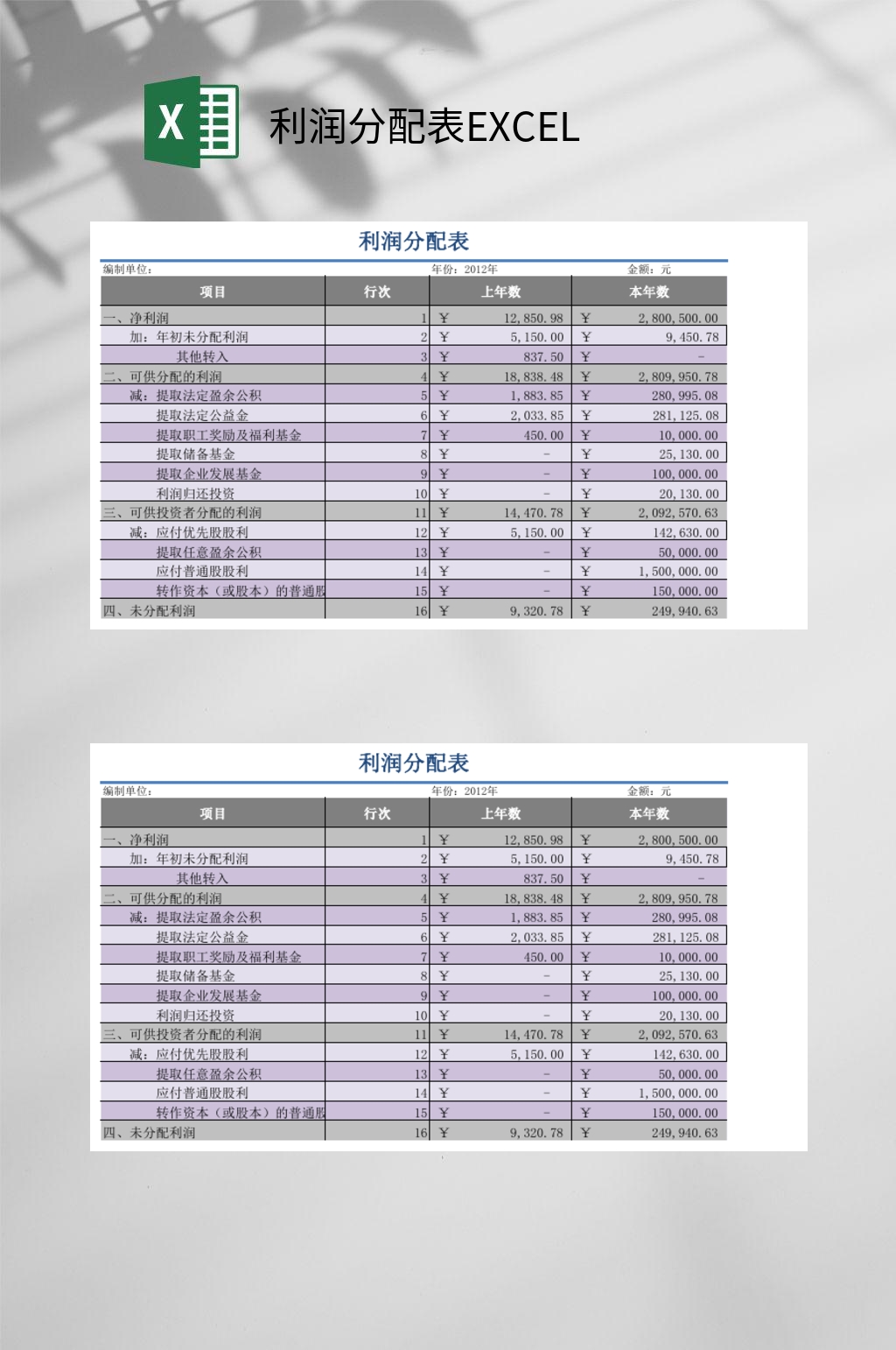 简约利润分配表EXCEL素材