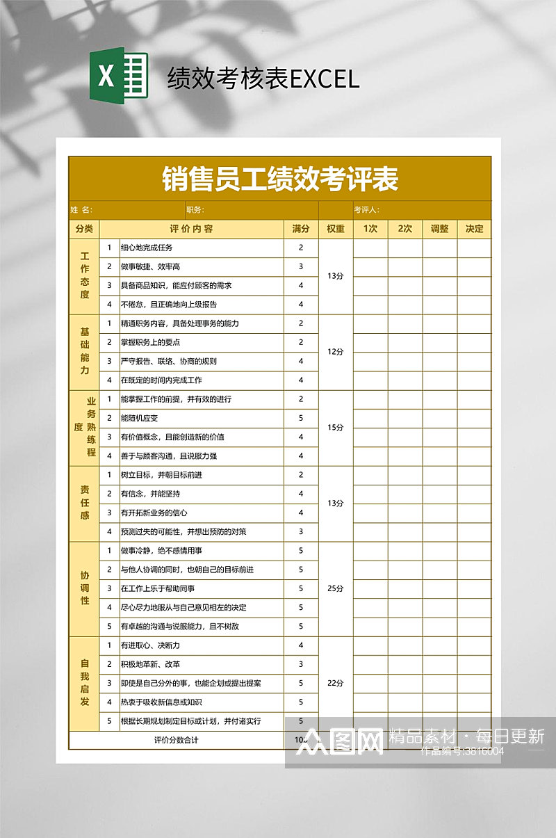 销售员工绩效考核表EXCEL素材