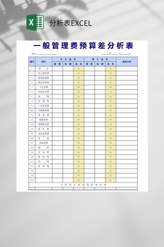 一般管理费预算差分析表EXCEL