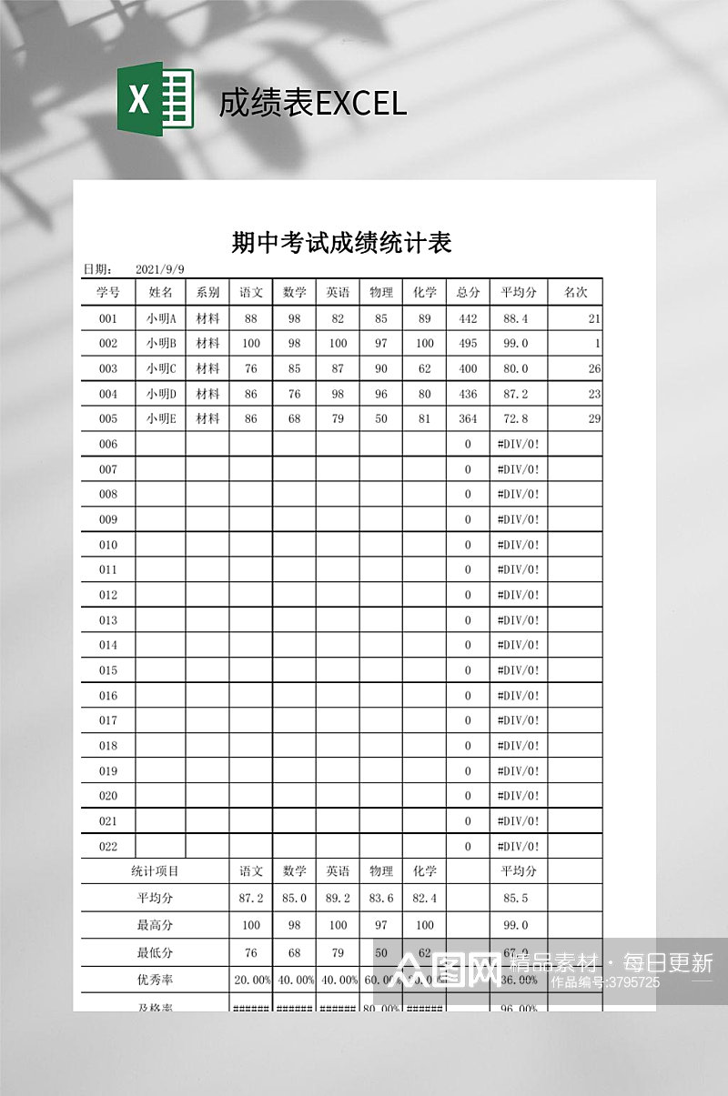 期中考试成绩表EXCEL素材