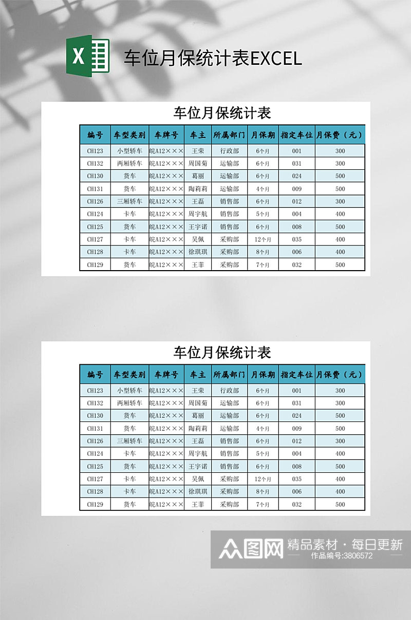 车位月保统计表EXCEL素材