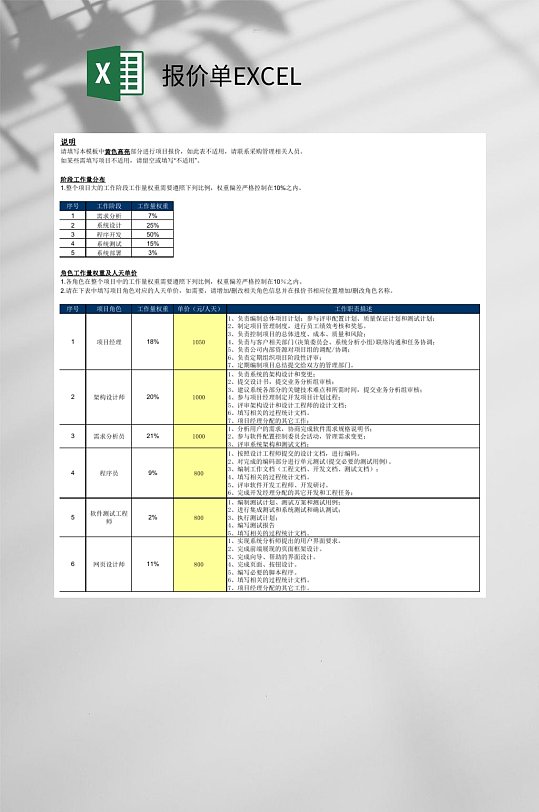 蓝黄色简约报价单EXCEL