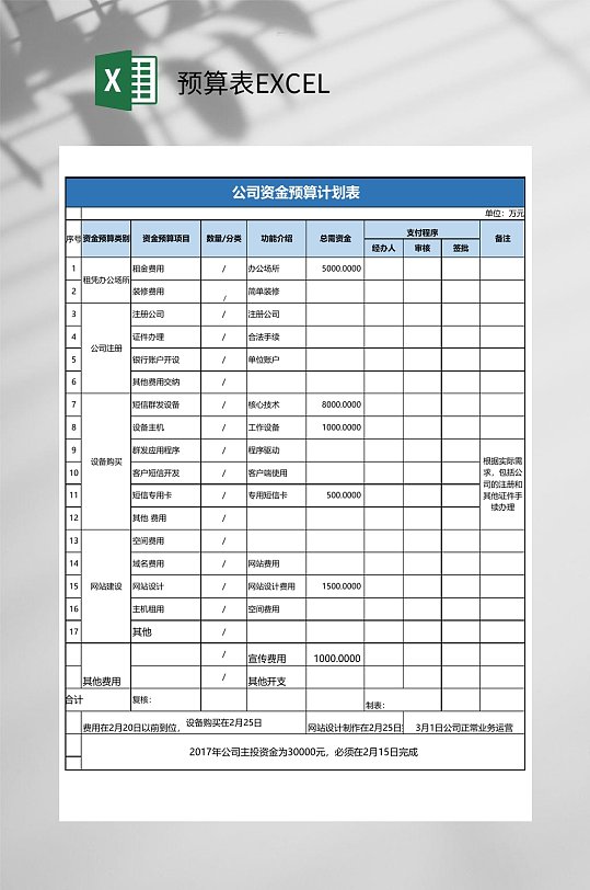 蓝色公司资金预算表EXCEL