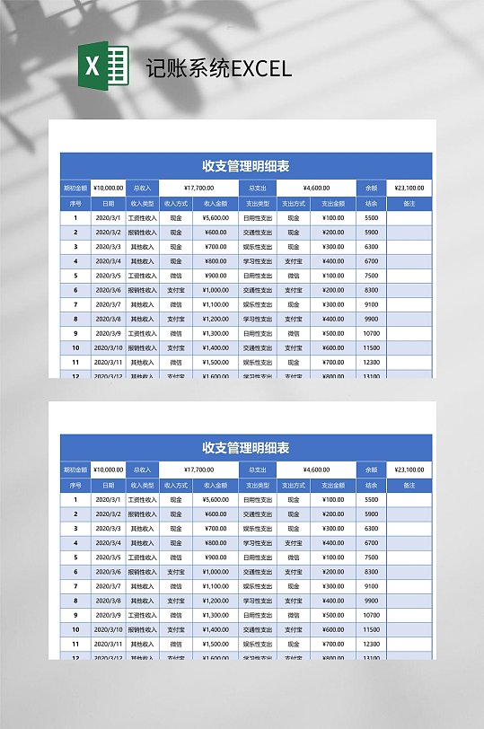 收支管理明細(xì)記賬系統(tǒng)EXCEL