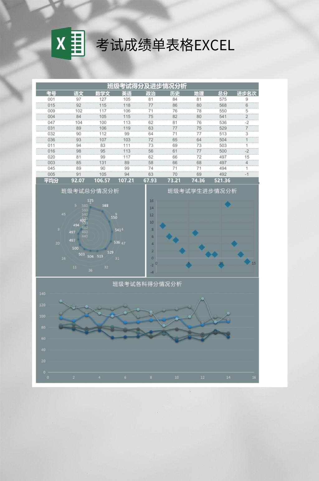 灰色考试成绩单表格EXCEL素材