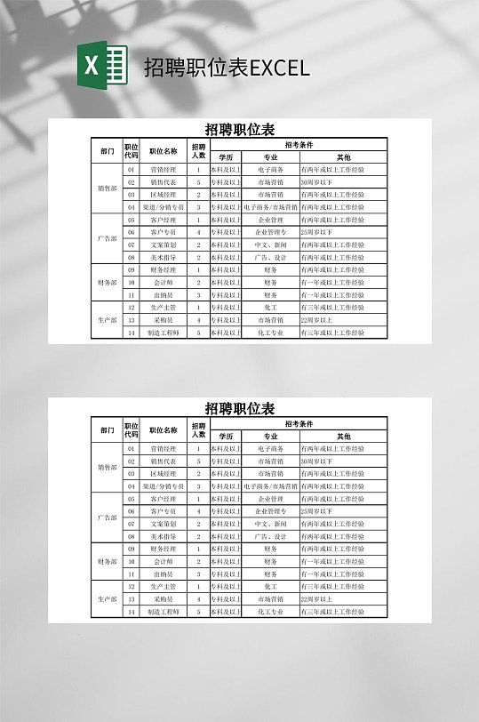 简洁招聘职位表EXCEL