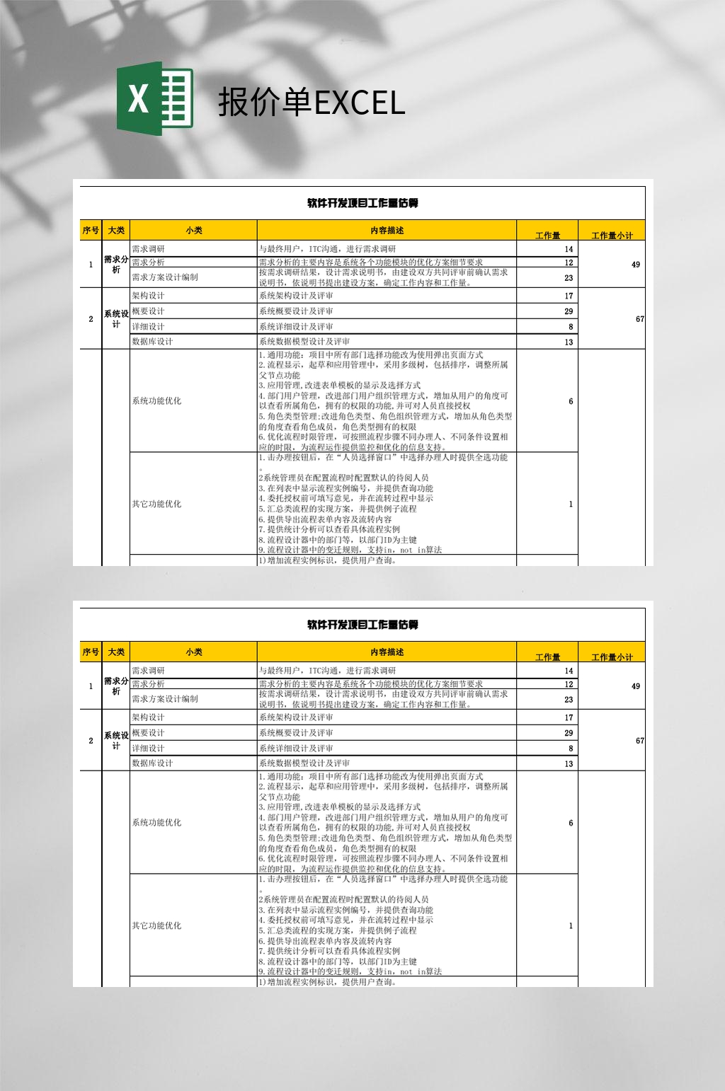 软件开发项目报价单EXCEL素材