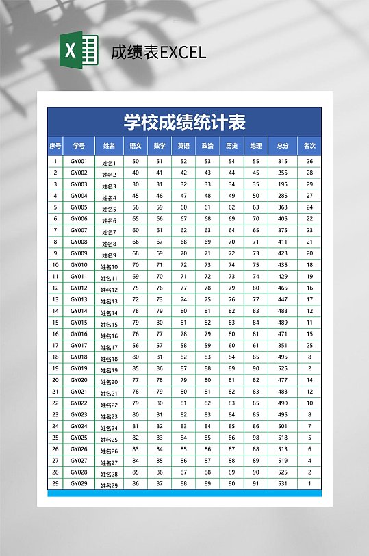 学校成绩统计成绩表EXCEL