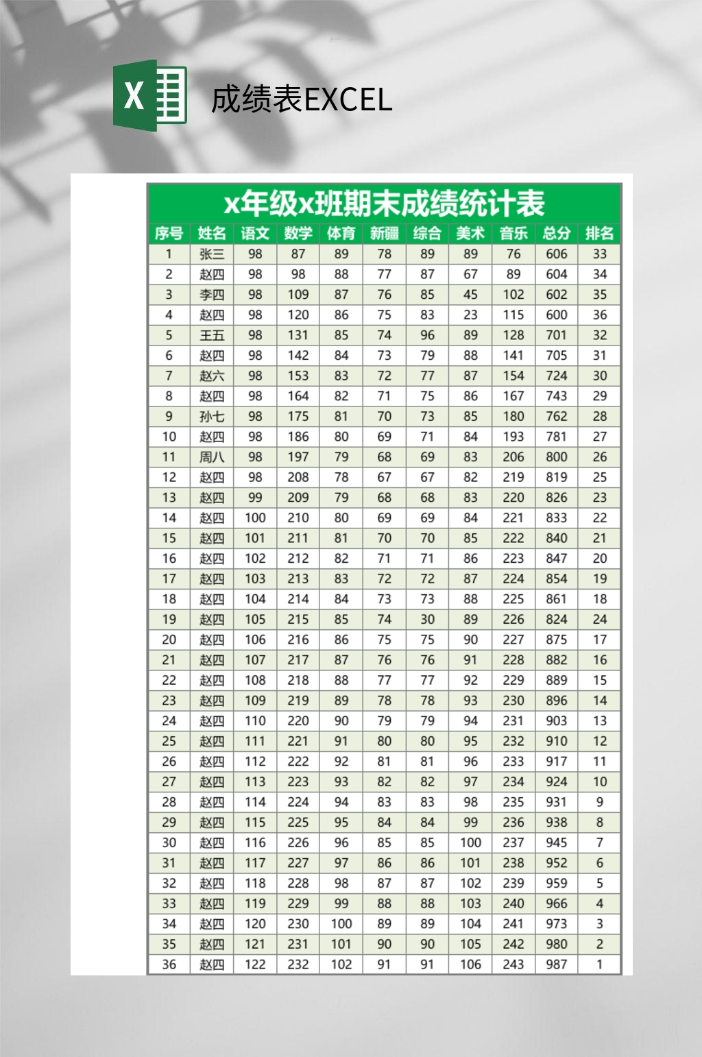 绿色年级班级期末统计成绩表EXCEL素材