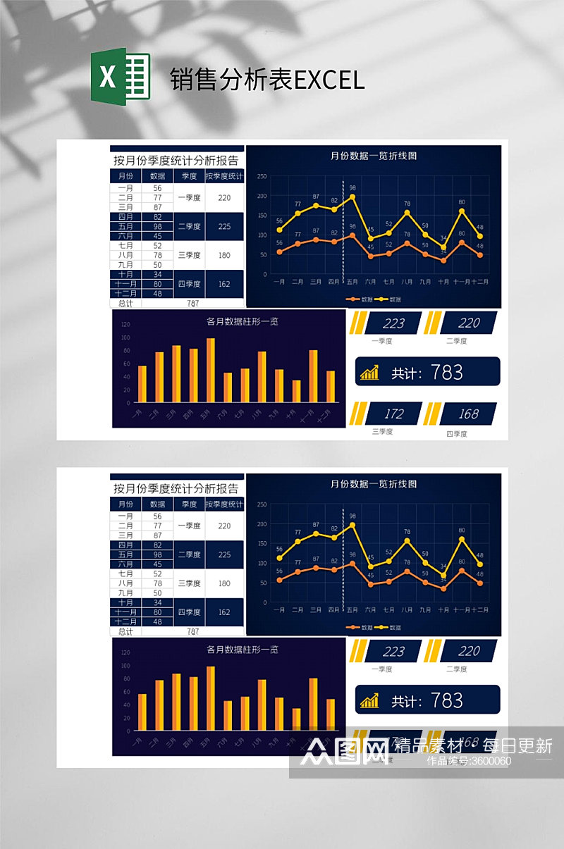 蓝色按月份季度统计分析销售分析表EXCEL素材