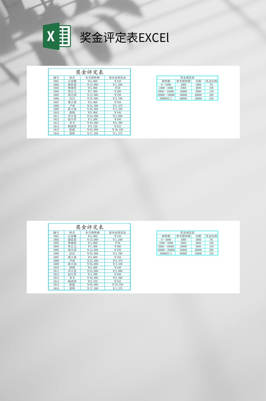 基础奖金评定表EXCEl素材
