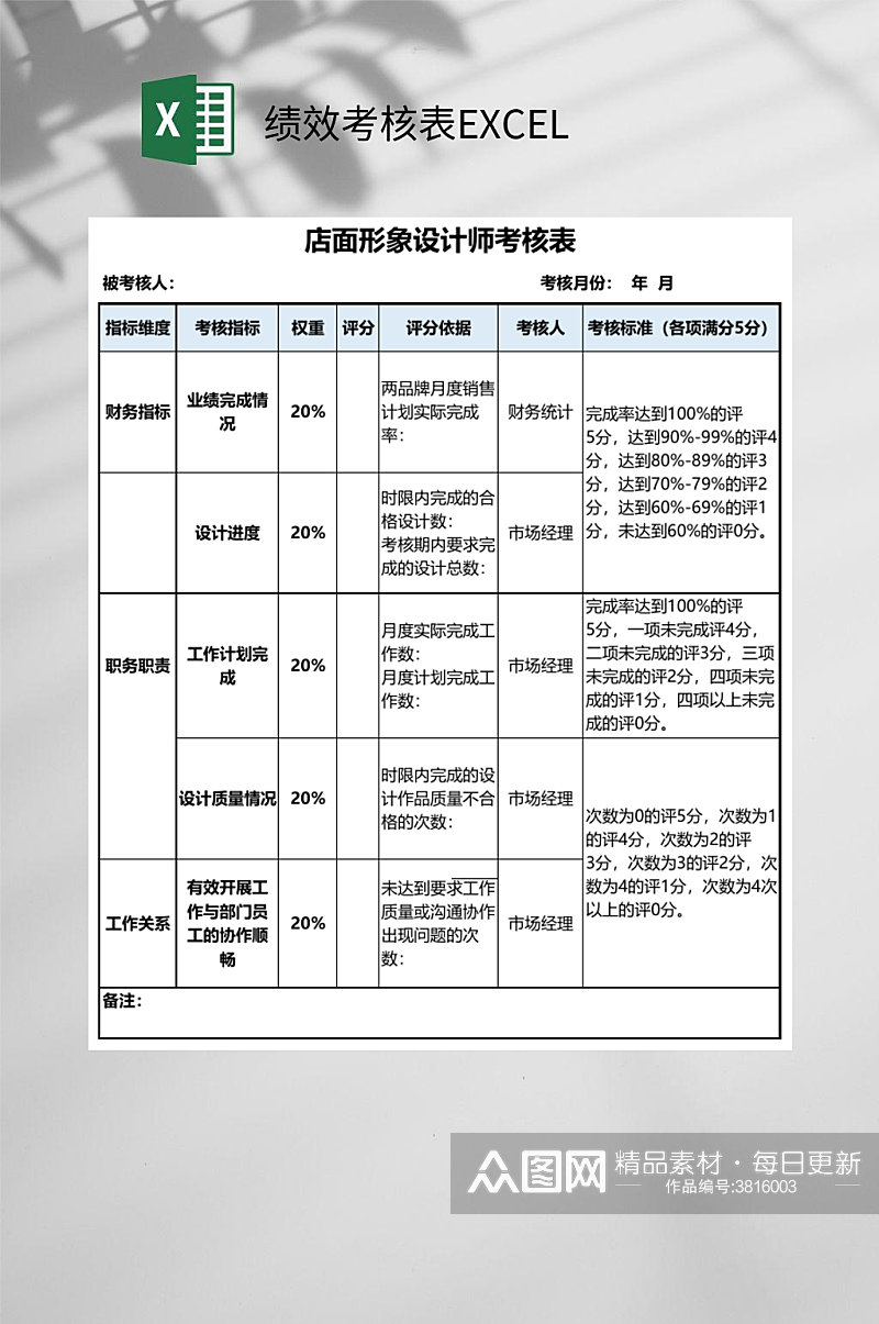 形象设计师绩效考核表EXCEL素材