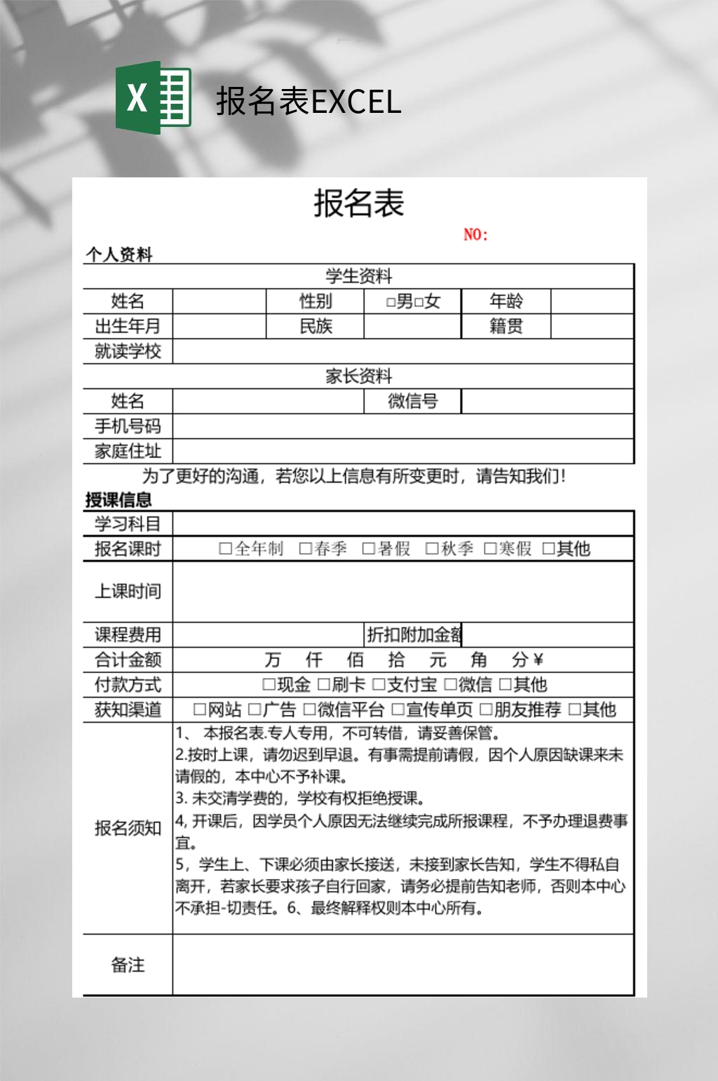 简约报名表EXCEL素材